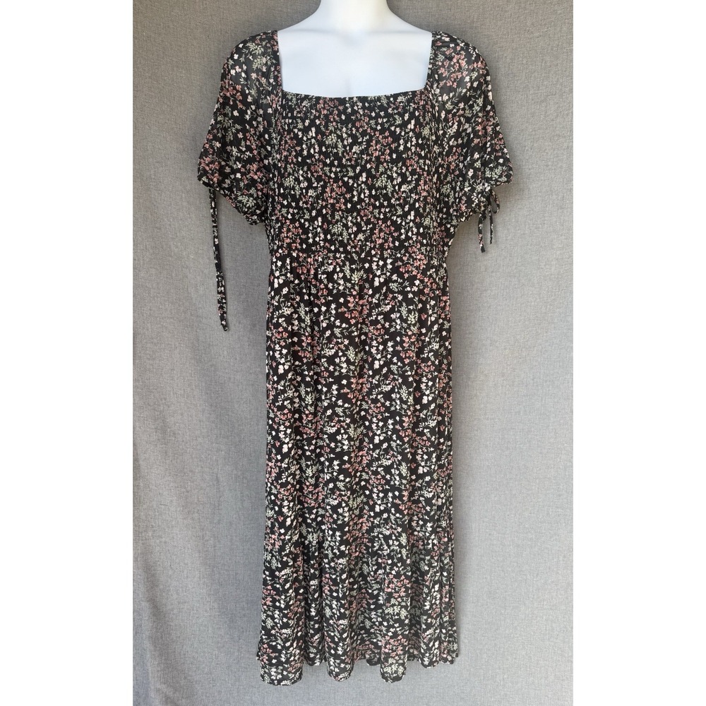 Ember Short‎ Tie Sleeve Midi Dress Plus Sz 3X  Black White Floral Print Smocked